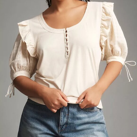 Anthropologie Embroidered Puff-Sleeve Top (Small - Cream) - Picture 4 of 5